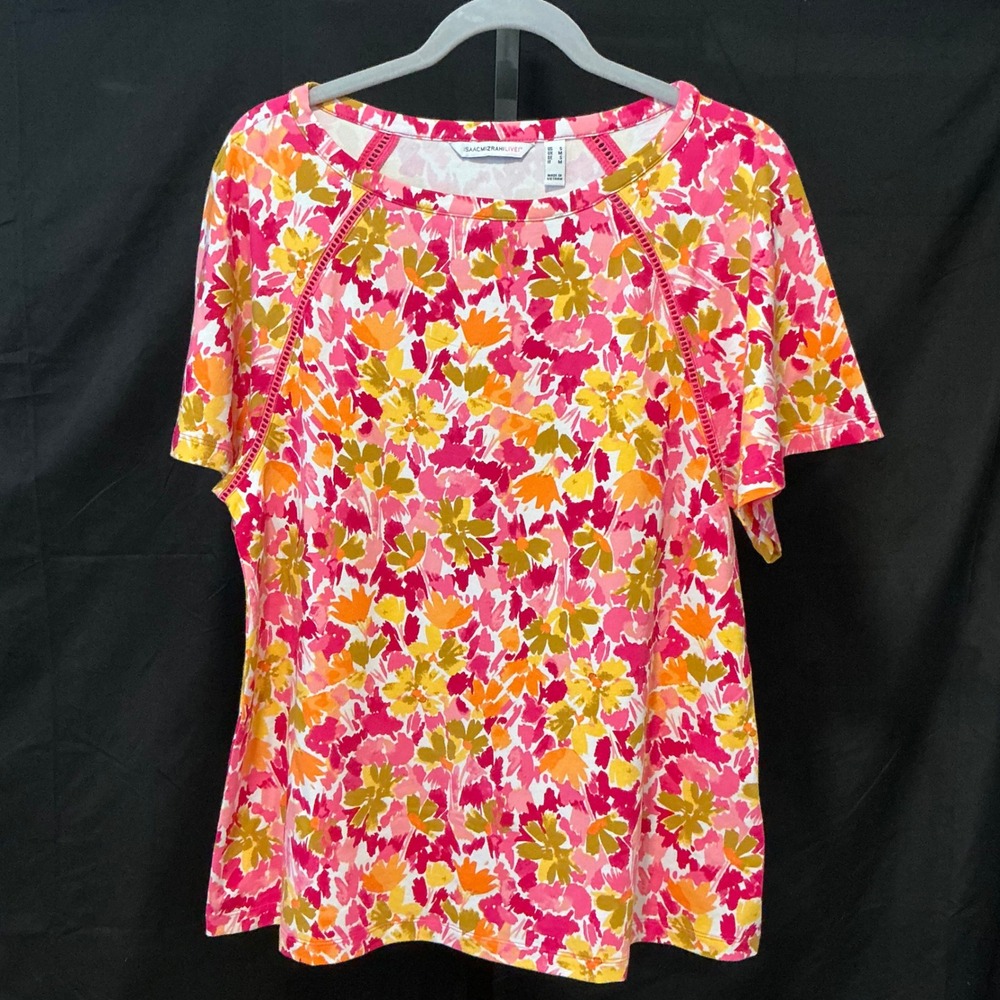 Isaac Mizrahi Live Pink Orange Floral Raglan Tee Crochet Detail A397172 Small